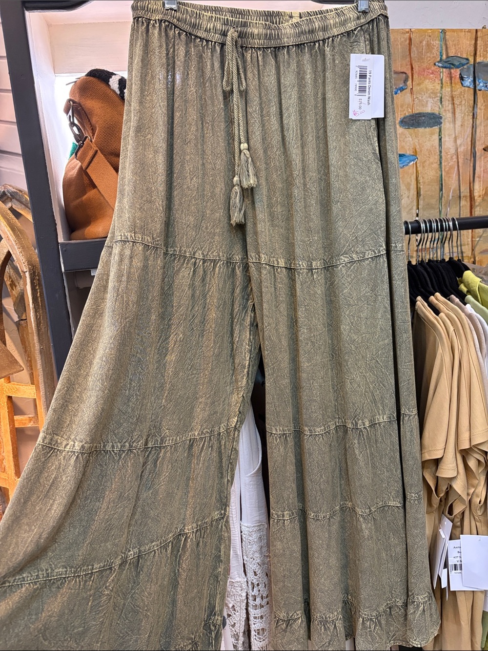 Relaxed Wide-Leg Tiered Pants in Olive with Drawstring